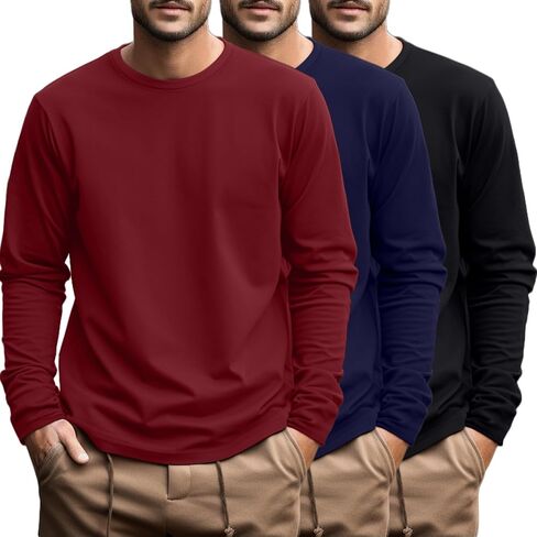 Ficerd 3 Pack Men's Big and Tall Shirts Long Sleeve Cotton Tee Crew Neck Oversize Tops Casual Loose Fit Knitted T Shirts in Saudi Arabia