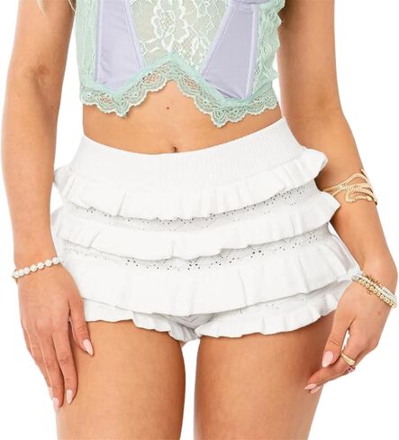 Hassembly Women Y2K Aesthetic Layered Ruffle Shorts Set Hollow Out Crochet Knit Boxer Shorts Cute Comfy Bloomer Loungewear in Saudi Arabia