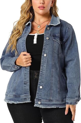 Agnes Orinda Plus Size Denim Jackets for Women Frayed Hem Classic Washed Jean Jacket in Saudi Arabia
