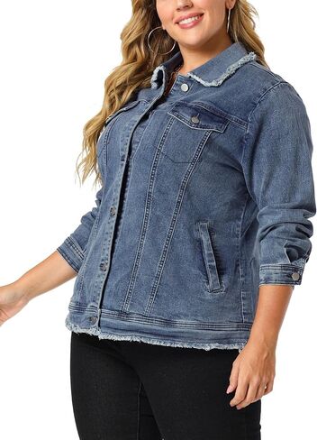Agnes Orinda Plus Size Denim Jackets for Women Frayed Hem Classic Washed Jean Jacket in Saudi Arabia