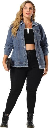 Agnes Orinda Plus Size Denim Jackets for Women Frayed Hem Classic Washed Jean Jacket in Saudi Arabia