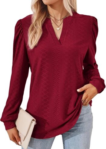 Dokotoo Womens Fall Fashion 2024 Long Sleeve Tops Dressy Casual Blouses Trendy V Neck Puff Sleeve Shirts Business Outfits in Saudi Arabia