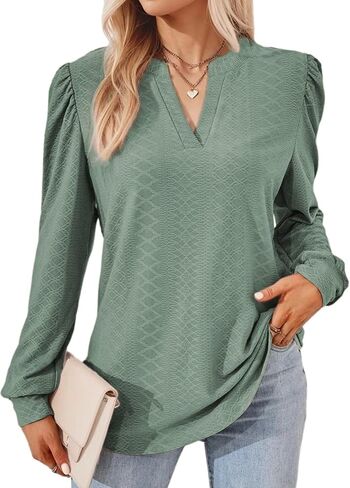 Dokotoo Womens Fall Fashion 2024 Long Sleeve Tops Dressy Casual Blouses Trendy V Neck Puff Sleeve Shirts Business Outfits in Saudi Arabia