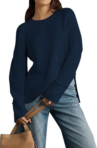 Cakulo Womens Fall 2024 Knit Crew Neck Pullover Sweaters Oversized Long Sleeve Split Casual Winter Ribbed Sweater in Kuwait