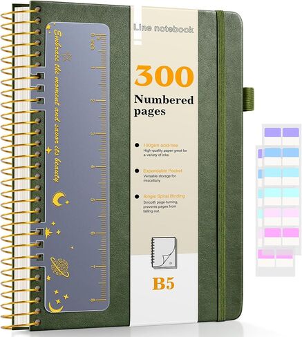 Spiral Notebook Journal with 300 Numbered Pages, Lined Hardcover Leather Spiral Journals for Men Women, B5 College Ruled Notebooks 7.6"x10", 100GSM Thick Spiral Notebook for Writing Work School, Black in Saudi Arabia