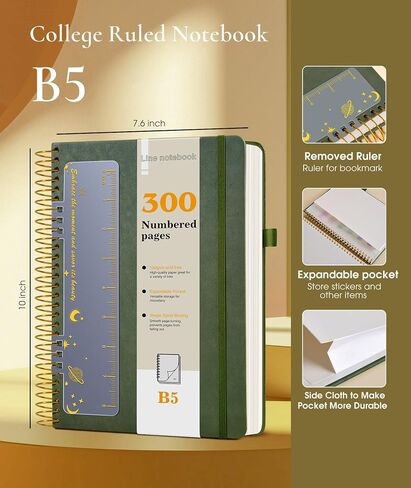 Spiral Notebook Journal with 300 Numbered Pages, Lined Hardcover Leather Spiral Journals for Men Women, B5 College Ruled Notebooks 7.6"x10", 100GSM Thick Spiral Notebook for Writing Work School, Black in Saudi Arabia