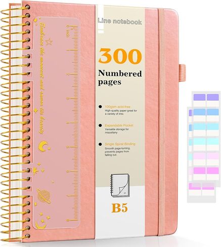 Spiral Notebook Journal with 300 Numbered Pages, Lined Hardcover Leather Spiral Journals for Men Women, B5 College Ruled Notebooks 7.6"x10", 100GSM Thick Spiral Notebook for Writing Work School, Black in Saudi Arabia