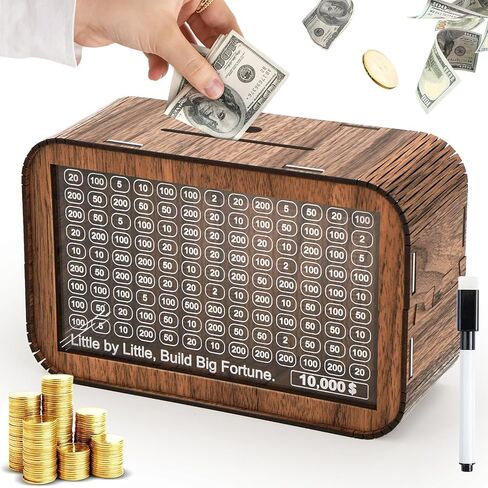 صندوق توفير المال 10000 تحدي - صندوق توفير نقدي 10 آلاف للبالغين والأطفال، بنك أصبع للنقود والعملات المعدنية، صندوق توفير أموال خشبي سهل التجميع مع هدف 10000 دولار in Kuwait