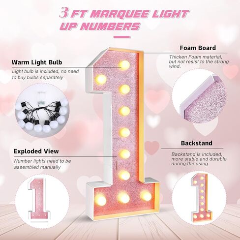 أرقام مضيئة بطول 3 أقدام، أرقام سرادق عملاقة، أرقام فسيفساء للبالونات، علامات أرقام مضيئة كبيرة لتزيين حفلات الزفاف والذكرى السنوية لعيد الميلاد (رقم 1) in Kuwait