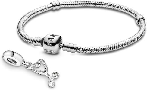 PANDORA Jewelry Bundle with Gift Box - Sterling Silver Stethoscope Dangle Charm with Cubic Zirconia & Moments Sterling Silver Snake Chain Charm Bracelet with Barrel Clasp, 7.9" - Gift for Women in Saudi Arabia