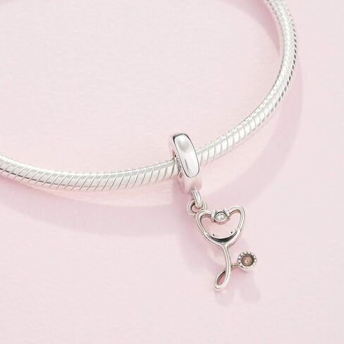 PANDORA Jewelry Bundle with Gift Box - Sterling Silver Stethoscope Dangle Charm with Cubic Zirconia & Moments Sterling Silver Snake Chain Charm Bracelet with Barrel Clasp, 7.9" - Gift for Women in Saudi Arabia