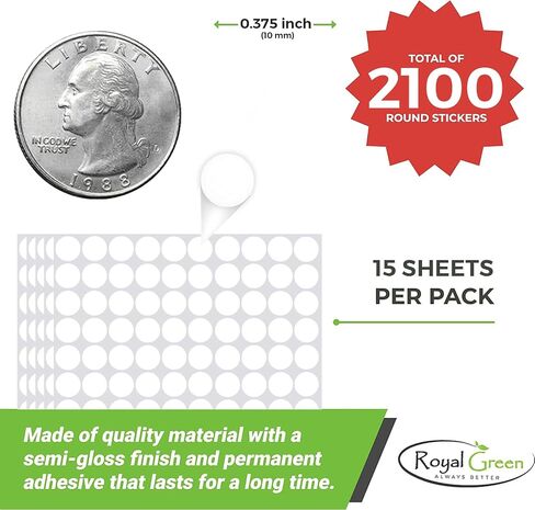 Royal Green Color Coding Labels 3/8 Round 10 mm - Dot Stickers - 0.375 inch Rounds White Sticker - 2100 Pack in Saudi Arabia