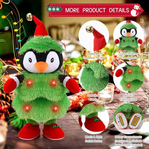 شجرة عيد الميلاد الموسيقية LED، البطريق الحيوان المحشو يكرر ما تقوله، تضيء لعبة قطيفة ناعمة تغني وترقص وتتحدث وتحاكي التواء الدمى المتحركة التفاعلية لتزيين هدايا عيد الميلاد in Kuwait
