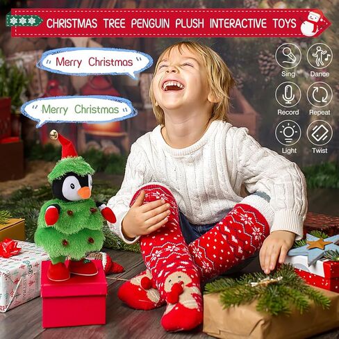 شجرة عيد الميلاد الموسيقية LED، البطريق الحيوان المحشو يكرر ما تقوله، تضيء لعبة قطيفة ناعمة تغني وترقص وتتحدث وتحاكي التواء الدمى المتحركة التفاعلية لتزيين هدايا عيد الميلاد in Kuwait