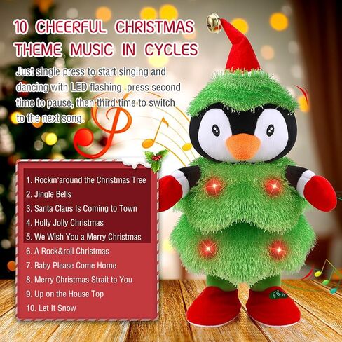 شجرة عيد الميلاد الموسيقية LED، البطريق الحيوان المحشو يكرر ما تقوله، تضيء لعبة قطيفة ناعمة تغني وترقص وتتحدث وتحاكي التواء الدمى المتحركة التفاعلية لتزيين هدايا عيد الميلاد in Kuwait