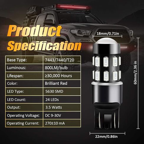 7443 لمبات LED، 1200 لومن، زينون أبيض، 5630 شريحة، 12 فولت - 24 فولت تيار مستمر، 4.5 وات/لمبة، 24 قطعة، 360 زاوية شعاع، عمر 30,000+ ساعة، سهلة التركيب in Kuwait