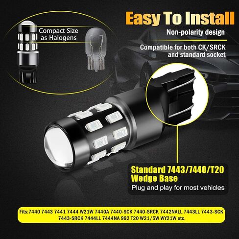 7443 لمبات LED، 1200 لومن، زينون أبيض، 5630 شريحة، 12 فولت - 24 فولت تيار مستمر، 4.5 وات/لمبة، 24 قطعة، 360 زاوية شعاع، عمر 30,000+ ساعة، سهلة التركيب in Kuwait