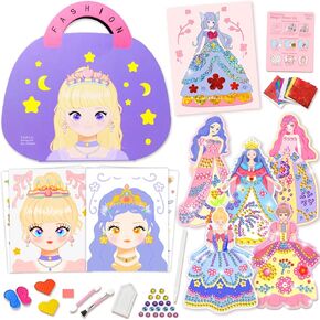 YUANJIA.Y Paper Art Craft Fun Kit for Kids, Princess Paper Craft Play Make Up on Paper with DIY Accessories Stickers, Diamond Painting & Foil Art Princess Dress Up Set for Girls
