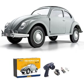 RocHobby 1/12 RC Rock Crawler-The People's Car-2.4 جيجا هرتز RTR RC Rock Truck على الطرق الوعرة مع 4 قنوات، مصابيح LED، بطارية وشاحن USB، سيارة Hobby RC داخلية وخارجية 2 في 1,4X4 RC مركبات للبالغين - رمادي