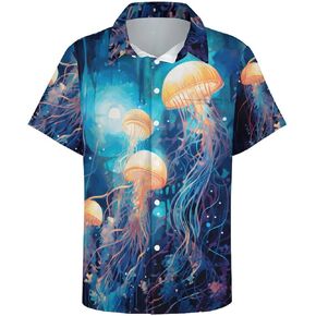 Men's Summer Tropical Jellyfish Holiday Button Shirt Hawaiian Party Short Sleeve Vacation Beach Shirts