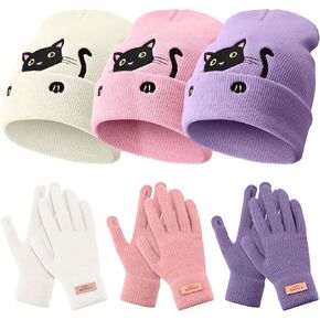 Coume 3 Sets Winter Cat Beanies and Gloves for Women Kitty Knits Cat Hats Warm Touchscreen Gloves Mittens for Cold Weather