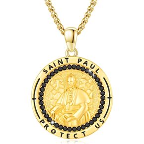St Paul Necklace for Women Men 925 Sterling Silver Gold Saint Paul Medal Amulet Pendant Necklace Round St Paul Protection Catholic Jewelry