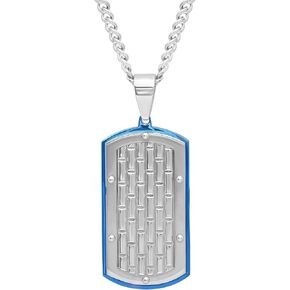 Stainless Steel Dog Tag Pendant with Blue Edge Finish 24" Curb Chain, Lobster-Claw Clasp