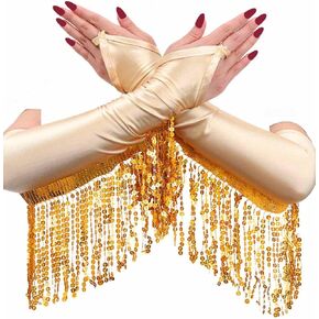 Aukmla Sequin Fringe Outfits Belly Dance Skirt Set Rave Carnival Costume Skirt with Top and Gloves for Women