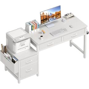 Lufeiya White Computer Desk with Fabric File Drawers Cabinet, 57 Inch Home Office Desks with Filing Cabinet Printer Stand for Small Space, Study Writing Table PC Vanity Desks, White