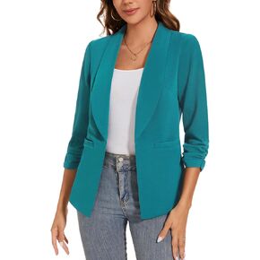 Women Casual Shawl Lapel Work Blazer Ruched 3/4 Sleeve Open Front Business Office Suit Jackets with Pockets