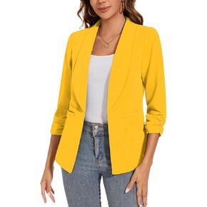 Women Casual Shawl Lapel Work Blazer Ruched 3/4 Sleeve Open Front Business Office Suit Jackets with Pockets