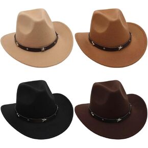 4 Pcs Classic Western Cowboy Hat Men Felt Wide Brim Cowgirl Hats Women Belt Buckle Panama Felt Fedora