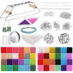 OMISTAR Adjustable Metal Bead Loom Kit, Loom Beading Supplies with 46000 Glass Seed Beads 2 Bead Needles Trays, Bead Loom Set, DIY Bracelet Necklace Earring Jewelry Making Set, Gift for Craft Lovers