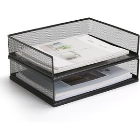 Wire Mesh Letter Trays Paper Tray Desk File Organizer, 2 Pack Stackable Metal Front-Load Documents Tray for Office Supplies File (Lengthways)