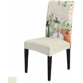 Savannan Thanksgiving Dining Chair Covers, Pumpkin Sage Green Orange Fall Flowers Leaves Beige Stretchable Parsons Chair Slipcovers Removable Kitchen Chair Protector for Dining Room， Set of Set of 4