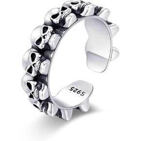 Gothic Open Skull Ring 925 Sterling Silver Adjustable Goth Punk Ring for Men Women Cocktail Party Halloween Jewelry Gifts