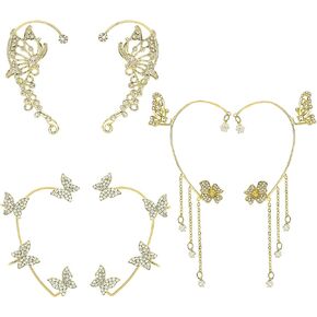 NEWITIN 3 Pairs Rhinestone Butterfly Ear Cuff for Women Gold Butterfly Ear Clip Cartilage Ear Cuff Earring Non-piercing Adjustable Earrings Wrap Around Earrings for Women