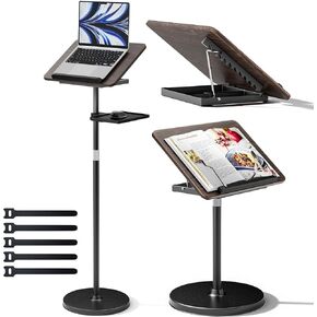 2 in 1 Adjustable Book Stand - Dual-Use Floor and Desktop Book Holder Stand, Height Adjustable 23.5-52 in, Elastic Page Clips for Music Sheet, Recipe, Tablet, Laptop-White