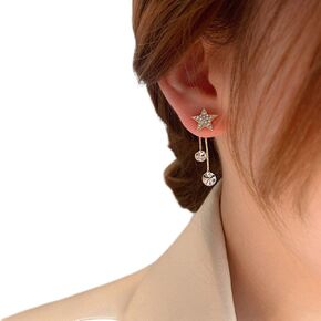 Gixaxak S925 Silver Needle Bow Star Heart Shape Fringe Earrings Fashion Earrings Star Ear Stud Pave Crystal Dangle Earrings Boho Beaded Fringe Drop Earring Bow Stud Gold Earrings for Women(Style 3）