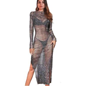 Aukmla Women Rhinestones Mesh Dress Black See Through Cover Up Dresses Beach Bikini Festival Fishnet Swimwear Cover Ups