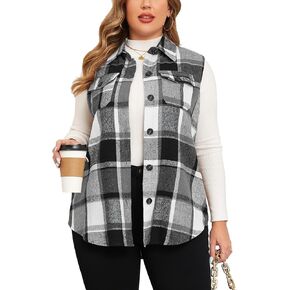 ZOMVA Plus Size 1X-5X Women's Flannel Plaid Long Vest Button Down Sleeveless Jacket Shacket Coat Casual Fall Fashion Outfits