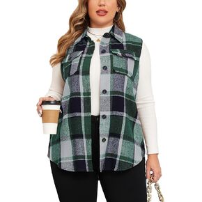 ZOMVA Plus Size 1X-5X Women's Flannel Plaid Long Vest Button Down Sleeveless Jacket Shacket Coat Casual Fall Fashion Outfits