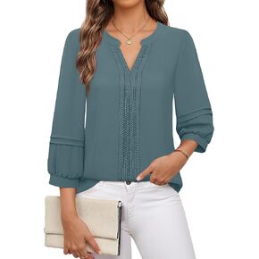 Unixseque Womens Casual Blouses 3/4 Sleeve V Neck Business Tops Ladies Trendy Office Work Shirts