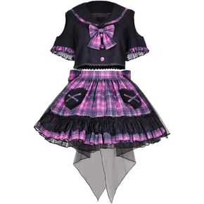 Mingyuezai Women's Short Sleeved Sailor Collar Black Purple Plaid Dress Dress Suit