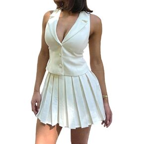 Womens 2 Piece Summer Outfits Button Down V Neck Sleeveless Blazer Vest Top A-Line Pleated Mini Skirt Set