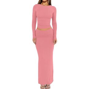 Remelon Skirt Sets Women 2 Piece Outfits Ruched Long Sleeve Crop Tops Fold Over Bodycon Long Maxi Skirt Sexy Two Piece Dress