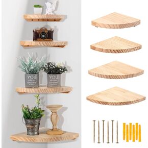 Wooden Corner Shelves Set of 4 Sizes Floating Corner Shelves for Wall Wood Round End Corner Wall Shelves Rustic Wall Mounted Corner Shelves for Bedroom, Living Room, Bathroom, Kitchen