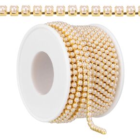 VILLCASE Pearl Trim Chain, 1 Roll 10 Yards Gold Pearl Applique Trim for Crafts, Decorative Beaded Trim for Decoration Sewing, Pearl String Beaded Trim for DIY Crafts Jewelry Making