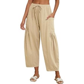 Women Linen Pants Wide Leg Boho Pants Loose Lightweigt Beach Palazzo Harem Pants with Pockets