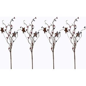 4 Pc Set | Americana Country Mix Patriotic Pip Berry Picks with Rusty Stars | 11.5 inch | FT606CM